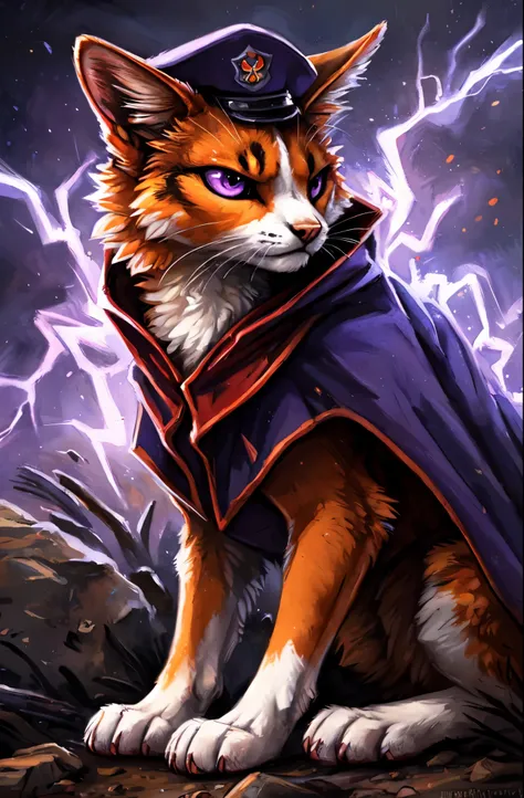 Solo, a feral orange and white calico cat, purple eyes, feral cat, purple eyes, sitting, looking angry, purple electricity surging through him, by hioshiru, by kenket, wearing a red and black military cap, red cape