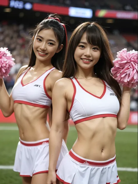 Two Ala-Fed Asian cheerleaders posing dynamically with pom-poms in stadium, close-up,  Photo, Anime , Small breasts, RAW Photo, Best Quality, High resolution, (masutepiece), (Photorealistic:1.4), professional Photography, Sharp Focus, nffsw, 8K resolution,...