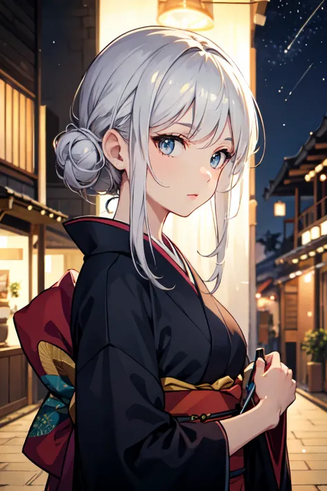 ((best quality)), ((masterpiece)), (detailed), perfect face, silver hair, girl in kimono, village, night, star sky