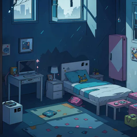 empty teenagers room, pokemon themed, 4k wallpaper, incredible art details, pixel art, detailed unreal engine, midnight, open window, dark lights