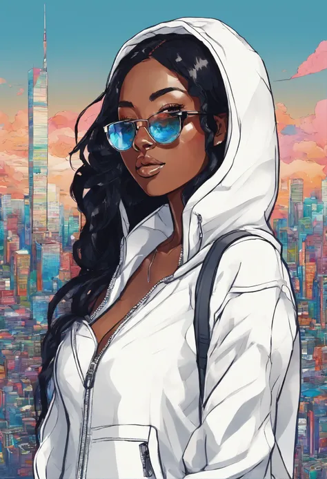 African girl, black hair, long white off the shoulder hoodie, aviator glasses, insanely detailed, 8k, high definition