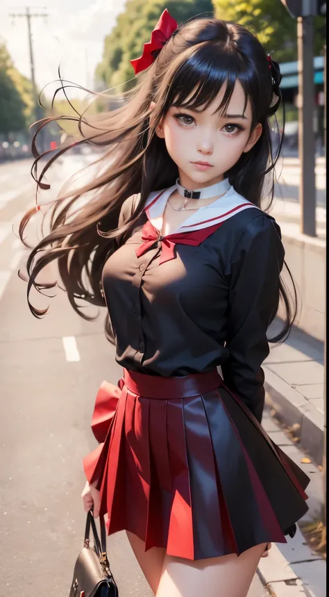 masutepiece, Best Quality, High resolution, SAMA1, tiarra, Sailor Sensi uniform, White Gloves, Red sailor collar, (Red skirt), Star Necklace, elbow groves, Pleated skirt, Bare legged, Purple bow, Denim Shooting, plein air, Bokeh (((85mm fixing lens, Gentle...