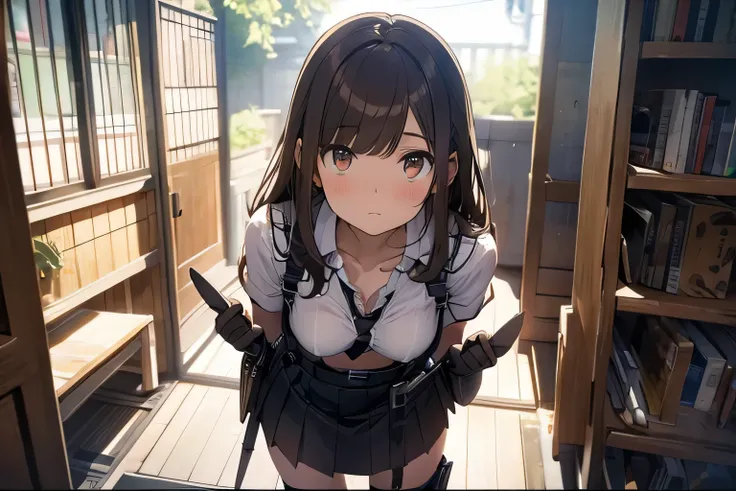 Brown hair、watching at viewers　　　black suspenders　　　bulging big tits　　 　 　　　walls: 　Black miniskirt　garters　　　　　　Gaze　　　a small face　bangss 　　　holster　　　Beautuful Women　　Hands up　　レッグholster ベッドに横たわる　　Gaze 　black boots panty shot　Provocation　flank　flank汗　S...