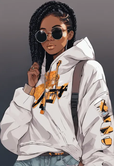 African girl, black hair, long white off the shoulder hoodie, aviator glasses, insanely detailed, 8k, high definition