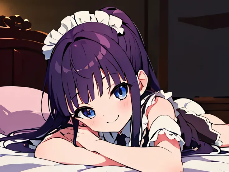 ((masterpiece)), ((best quality)), (ultra-detailed), anime style,on the bed, a cute girl, 1girl, solo, maid00, ((beautiful eyes))0, smile