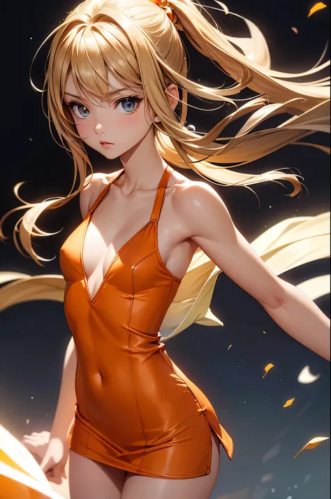 (masterpiece), (best quality), (detailed), light layer, 1solo girl, young girl, perfect body, blonde hair, defined chest, defined collarbone, ultra realistic, photorealistic, detailed, ,Enhance, Short Orange Mini Dress Low chest Bodycon Club Evening Party ...