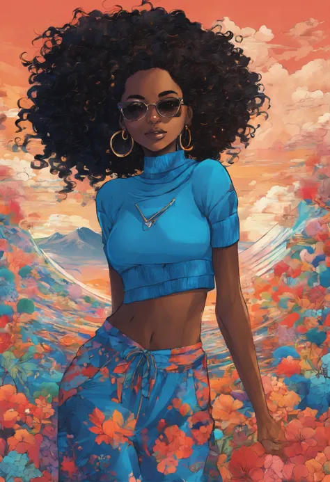 African girl, black hair, long blue off the shoulder sweater, aviator glasses, insanely detailed, 8k, high definition