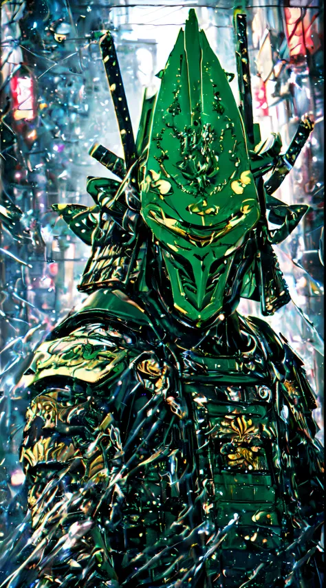 Anime toon Portrait photo of translucent green stone jade 1cyborg samurai_mecha, complex detailed green samurai Helmet-oni shape, samurai armored jade, samurai helmet, or jade armor, translucent green jade plates , futuristic fantasy Nippon, mercury, jade...