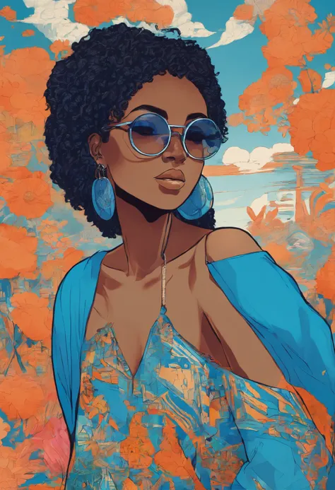 African girl, black hair, long blue off the shoulder sweater, aviator glasses, insanely detailed, 8k, high definition