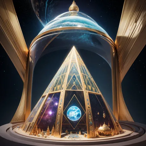 there is a pyramid with a clock in it and a planet in the background, ancient megastructure pyramid, infinite space clock background, inspired by Buckminster Fuller, crystalized time warps, inter dimensional clockwork, giant glass dome in space, pyramid po...