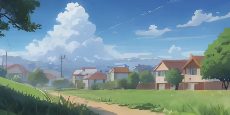 anime scenery. neighborhood. ruas de pedra, grass and vegetation. pinheiros. casas comuns. sky and clouds.