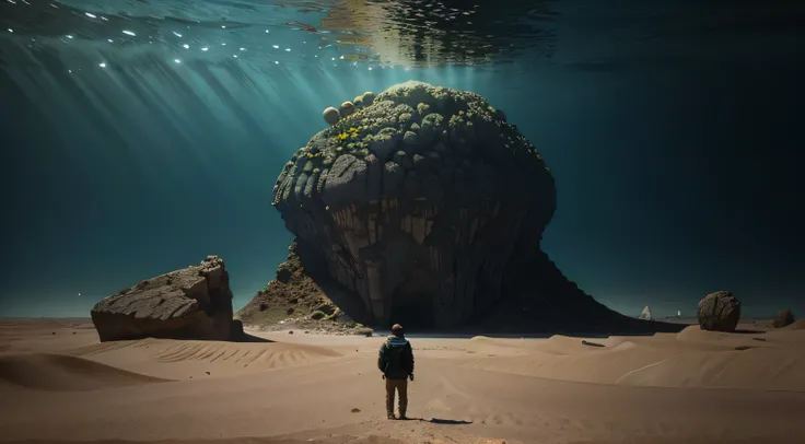 painting of a man standing in a desert with a giant rock formation, Stefan Koidl inspirado, underwater landscape, inspirado em Filip Hodas, underwater mushroom forest, Nenhum estilo de arte de Filip Hodas, Beeple e Mike Winkelmann, Paisagem do mar profundo...