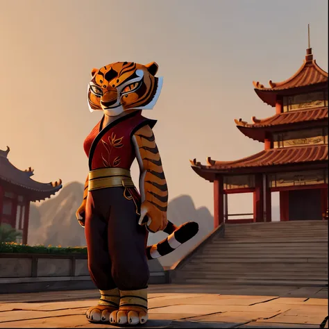 solo, female, master tigress, black kung fu clothes, standing, chinese castle, full body, high quality, 8k, 3d, dreamworks style...