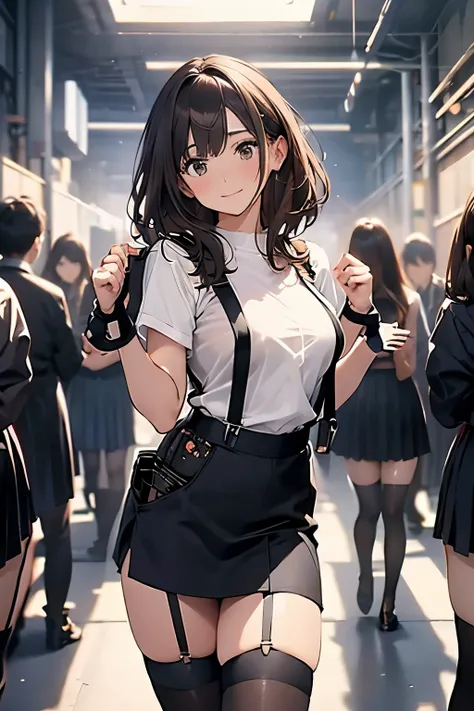 Brown hair、watching at viewers　　　black suspenders　　　Bulging big breasts　　 　 　　　walls: 　Black miniskirt　garters　　　　　　Gaze　　　Small face　bangss 　　　holster　　　Beautuful Women　　hands up　　レッグholster ベッドに横たわる　　Gaze 　black boots panty shot　provocation　flank　flank汗　...