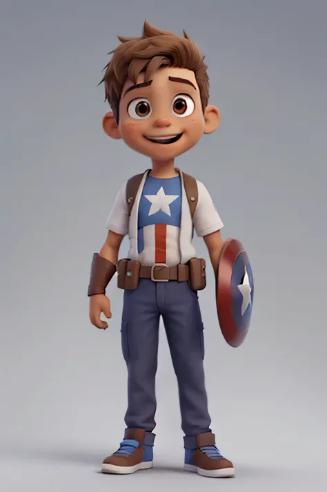 dibujar nei, He is a 3 year old boy with tan skin., pelo corto a la altura de las orejas, with a small, ondulado, mohawk oscuro. el es latinoamericano, tiene una gran sonrisa y brillante, Curiosos ojos marrones. He is wearing Captain America&#39;s superher...