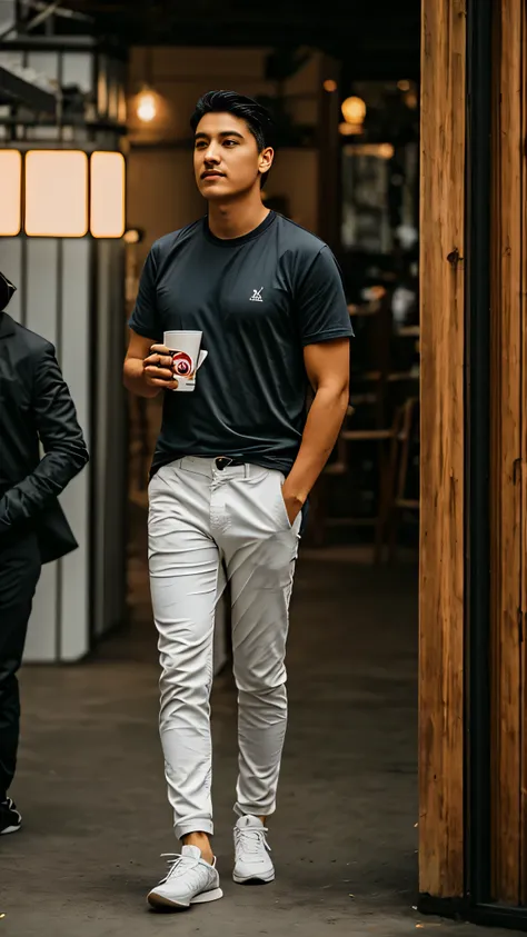 1hombre，a 20-year-old man drinks coffee in a street cafe.，guapo，cuerpo completosbian，pierna separada，camisa blanca，pantalones gr...