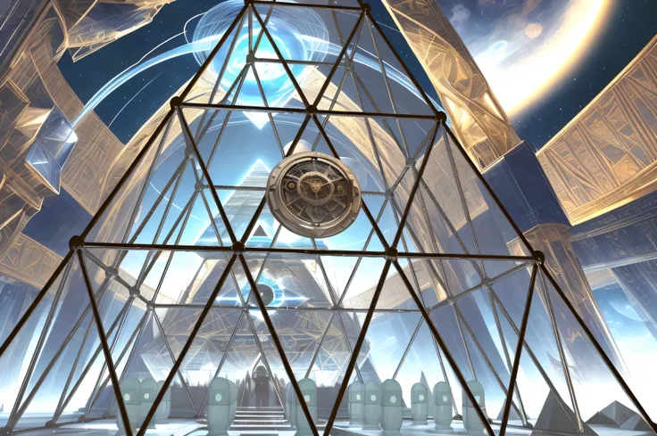 there is a very large pyramid with a clock in it, giant glass dome in space, futuristic dome, interplanetary cathedral, infinite space clock background, ancient biomechanical temple, futuristic setting, exterior of scifi temple, star - gate of futurisma, g...