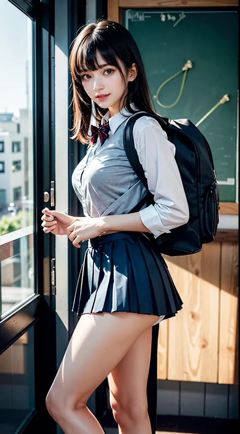 ((Dressing:1.8)), (((skirt rift:1.8, Showing everything about the girl&#39;s panties to the camera:1.8))) (((shool uniform:1.8, Dark blue pleated skirt:1.8, narrow white panties:1.8, backpack:1.8))), (((ssmile:1.8))), 1girl in, 独奏, 15yo student, 7headed bo...