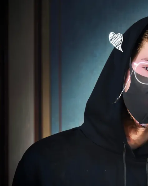 arafed man wearing a mask and a hoodie with a clock in the background, xqc, bladee from drain gang, wearing all black mempo mask, high quality portrait, face accessories, high quality face, cool face, see through glass hologram mask, fvckrender, nft portra...