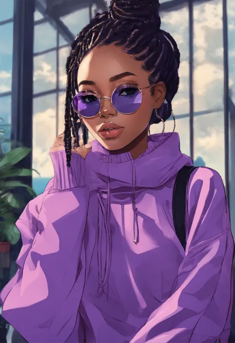 African girl, black hair, long, violet off the shoulder sweater, aviator glasses, insanely detailed, 8k, high definition