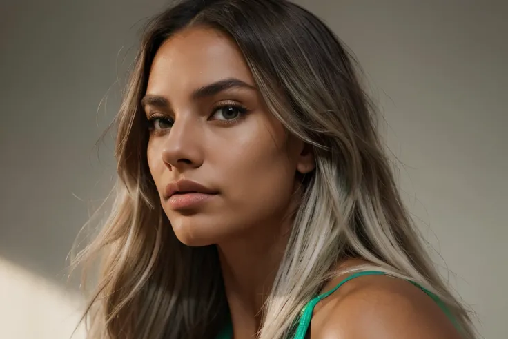 close-up portrait photo from the side of a beautiful dark tanned Latina face with bright green eyes, straight long flowing bleached light grey hair, fitness model, large wide mouth, large lips, dramatic lighting, shadows, Instagram model, Victoria secret m...