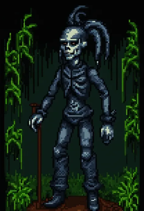 pixel sprite of Nivek Orge from Skinny Puppys Too Dark Park tour, the character Stiltman, use the music video spasmolytic as a reference