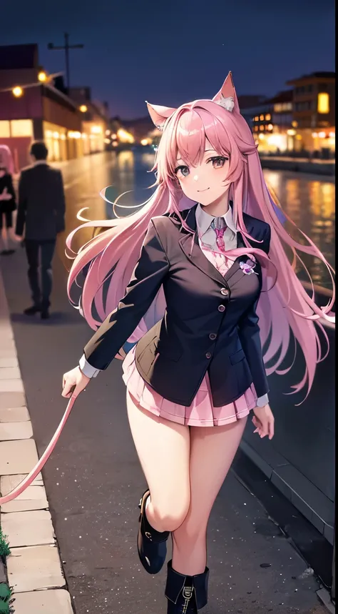 (8k, RAW photo, high sensitivity, best quality, masterpiece, super high resolution, photorealistic: 1.25), full body, dog ears, (night), walking, city lights, ((pink hair)), high school girl, detailed eyes, pink cute uniform! 9 life, smile, deep landscape,...