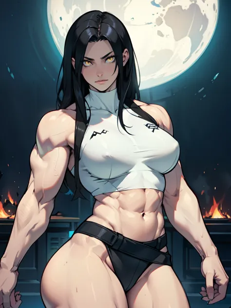 girl (((muscular girl thin waist large breasts thick))) pale skin black hair yellow eyes darkatmosphere