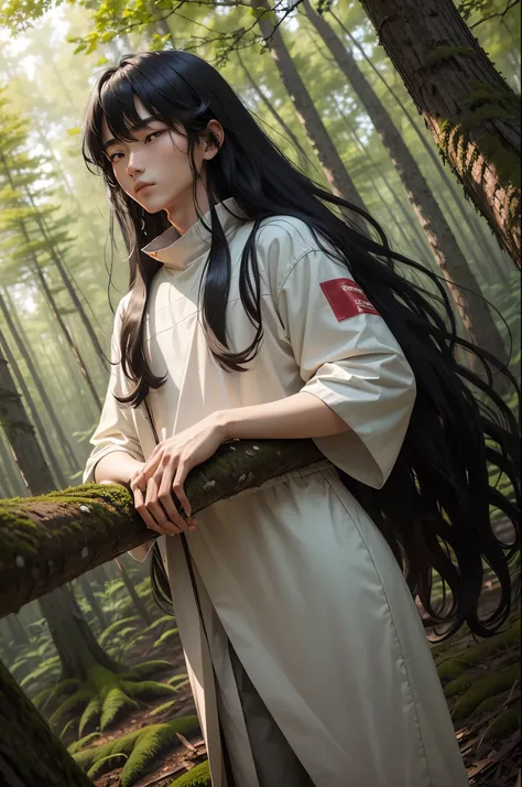 A tall Korean boy with long curly black hair lost in the woods with nuces on some of the trees