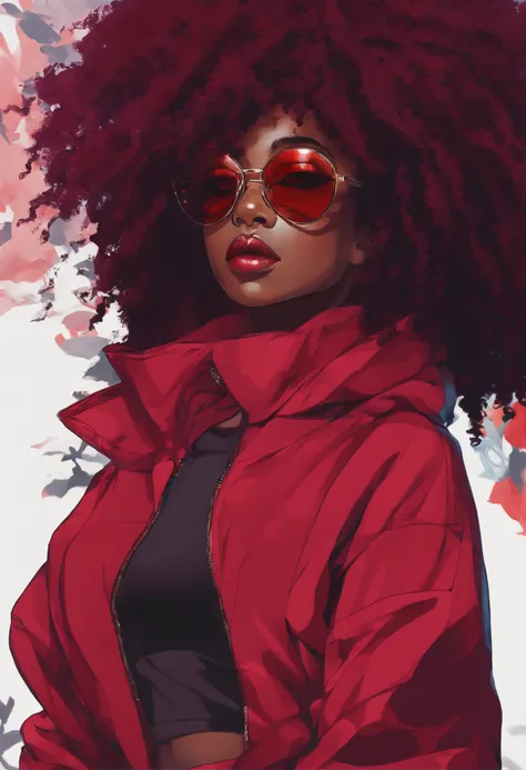 African girl, black hair, long, burgundy off the shoulder sweater, aviator glasses, insanely detailed, 8k, high definition