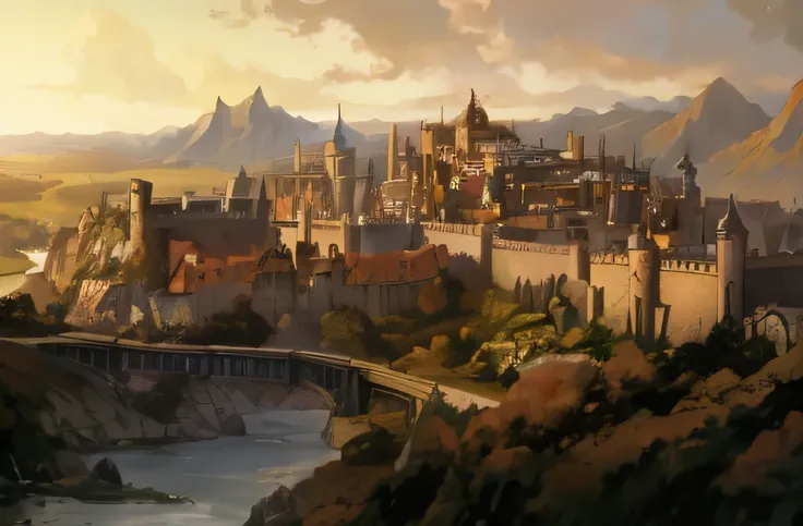 View of a steampunk medieval city on a hill overlooking a river, medieval city, mountain fortress city, fantasy capital city, a river and a train track