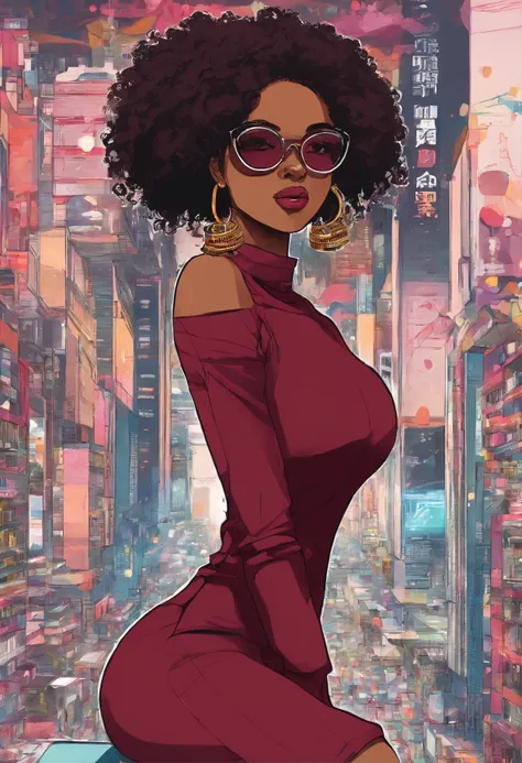 African girl, black hair, long, burgundy off the shoulder sweater, aviator glasses, insanely detailed, 8k, high definition