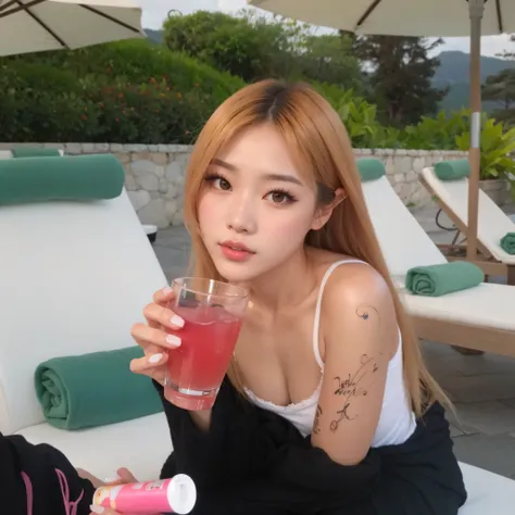 Theres a woman sitting on a chair holding a drink, de menina taiwanesa com tatuagens, ruan jia beautiful!, menina coreana, Mulher sul-coreana bonita, Xintong Chen, Ulzzang, Lalisa Manobal, Anime Menina Tailandesa, Qifeng Lin, Lalisa Manoban do Blackpink, j...