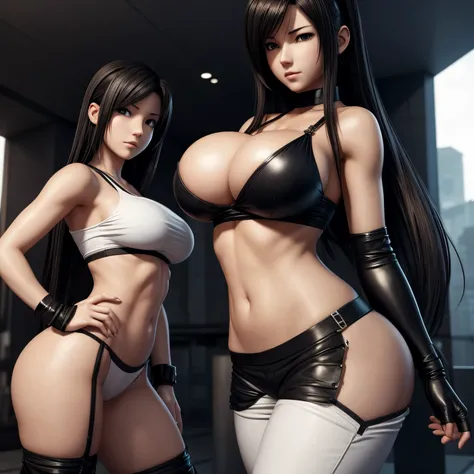 Beautiful nude woman with massive breasts. The breasts are not covered by anything. Close-up of a woman in a black top and white pants, Tifa Lockhart, ff Tifa, an oppai cyberpunk, hyper realistic anime, biomechanical oppai, powerful and huge, thicc, Surrea...