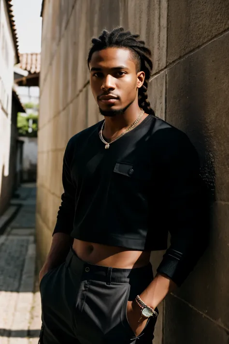 Foto selfie de estilo de vida de um homem negro, anticipate facial expression, Queixo quadrado, lindo, moletom preto, black cargo pants, fechar no rosto, low braid, under soft lighting, high angle, filmado em um Fujicolor Pro