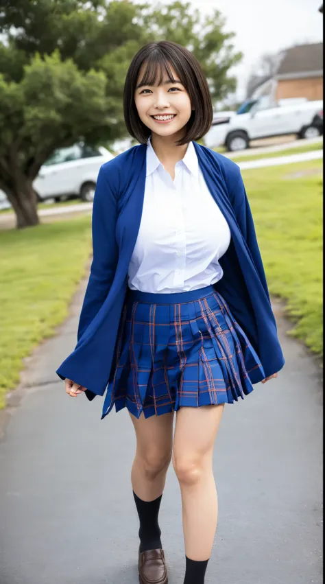 (in 8K、超A high resolution、Best Quality、masuter piece、Photorealsitic、The ultra -The high-definition)、huge tit、Pretty big breasts、hi-school girl、Always wear a white shirt、Blue plaid pleated mini skirt、black socks and loafers、black hair short cut、Walking on t...