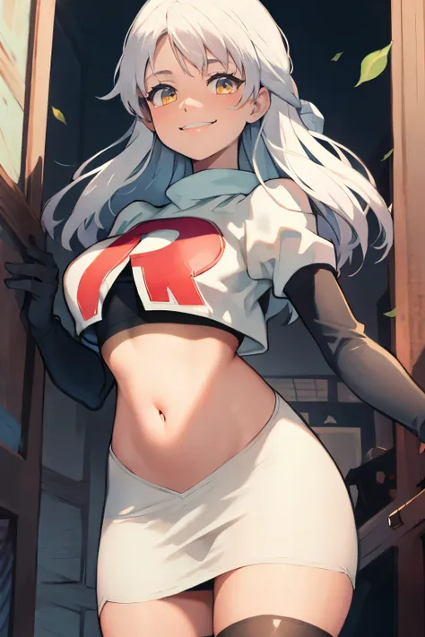 micaiah fe,  team rocket uniform, red letter r, white skirt,white crop top,black thigh-highs,black elbow gloves, confident smile