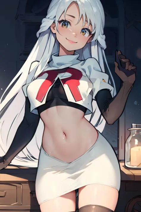 micaiah fe,  team rocket uniform, red letter r, white skirt,white crop top,black thigh-highs,black elbow gloves, confident smile