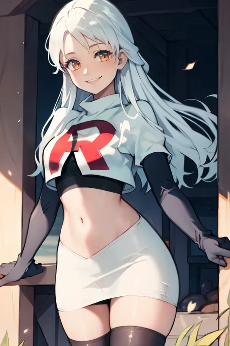 micaiah fe,  team rocket uniform, red letter r, white skirt,white crop top,black thigh-highs,black elbow gloves, confident smile