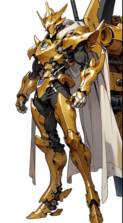 Masterpiece, Best quality, mecha, No humans, Golden armor, shiny golden eyes, science fiction, Fire, Laser cannon beam, ERA, (white background, full body)