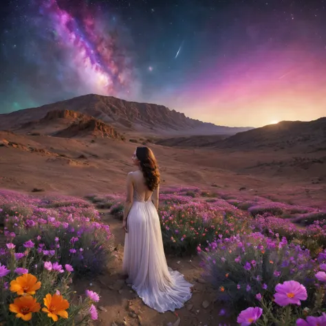 fotografia de paisagem expansiview from below with a view of the sky and desert beloirl standing in a field of flowers looking u...