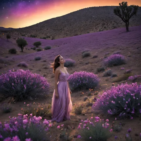 fotografia de paisagem expansiview from below with a view of the sky and desert beloirl standing in a field of flowers looking up))), (lua cheia: 1.2), (Estrela cadente: 0.9), (nebula: 1.3), montanha distante, tree BREAK production art, (Fonte de Luz Quent...