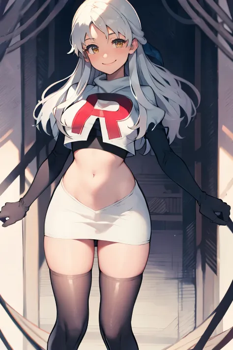 micaiah fe,  team rocket uniform, red letter r, white skirt,white crop top,black thigh-highs,black elbow gloves, confident smile