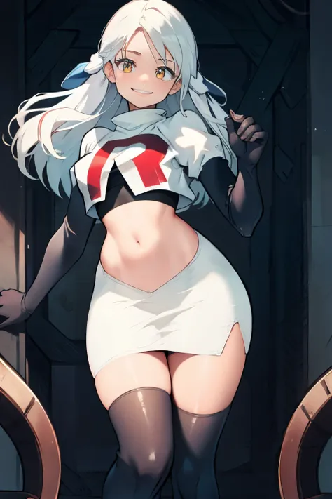 micaiah fe,  team rocket uniform, red letter r, white skirt,white crop top,black thigh-highs,black elbow gloves, confident smile