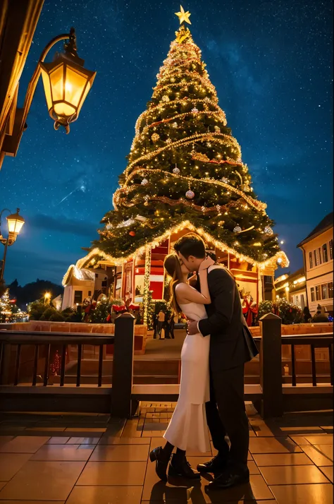 (top-quality、hight resolution、8K、​masterpiece:1.2)。Describe the giant Christmas tree of your night date spot。 A large number of couples happily hug each other&#39;s shoulders、looking at the christmas tree。 couple sitting on a bench。 Couple hugging each oth...