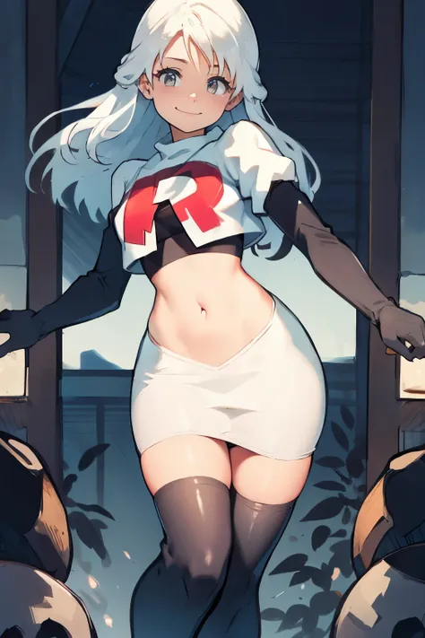 micaiah fe, team rocket uniform, red letter R, white skirt,white crop top,black thigh-highs,black elbow gloves, confident smile