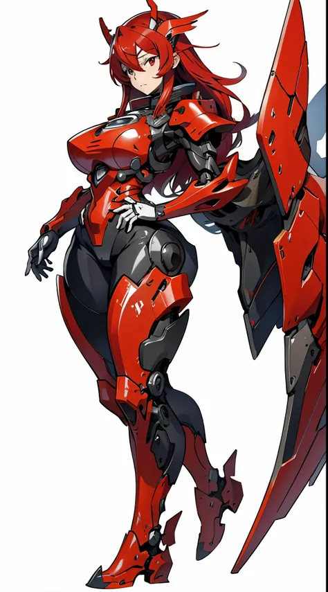 Masterpiece, Best quality, female mecha, huge breasts, No humans, Black and red armor, bright red eyes, mecha demon wings (white background, full body)