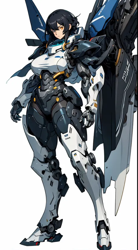 Masterpiece, Best quality, female mecha, huge breasts, No humans, Very dark black armor, glowing eyes (white background, full body)