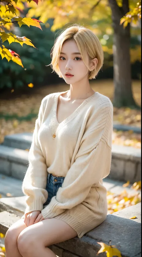 20岁女孩，Sweaters, blond with short hair, (upper part of body:1.2), Autumn leaves, Outdoor sports, volumettic light, Cinematic, golden age, natural  lightting, realistically, natural  lightting, professional DSLR camera,