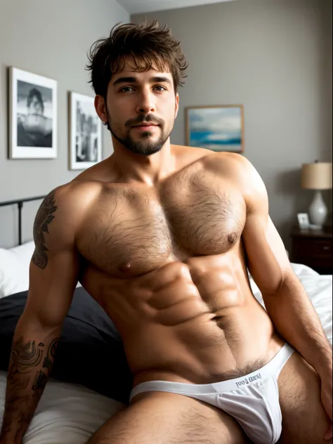 masterpiece, best quality, high resolution, closeup portrait, male focus, 3 men in bedroom, three guys, men, 55 years old, multiple men, in bed, three men, very skinny body, silver grey hair, thick long beard,  a male, body tattoos, thick long scruffy bear...